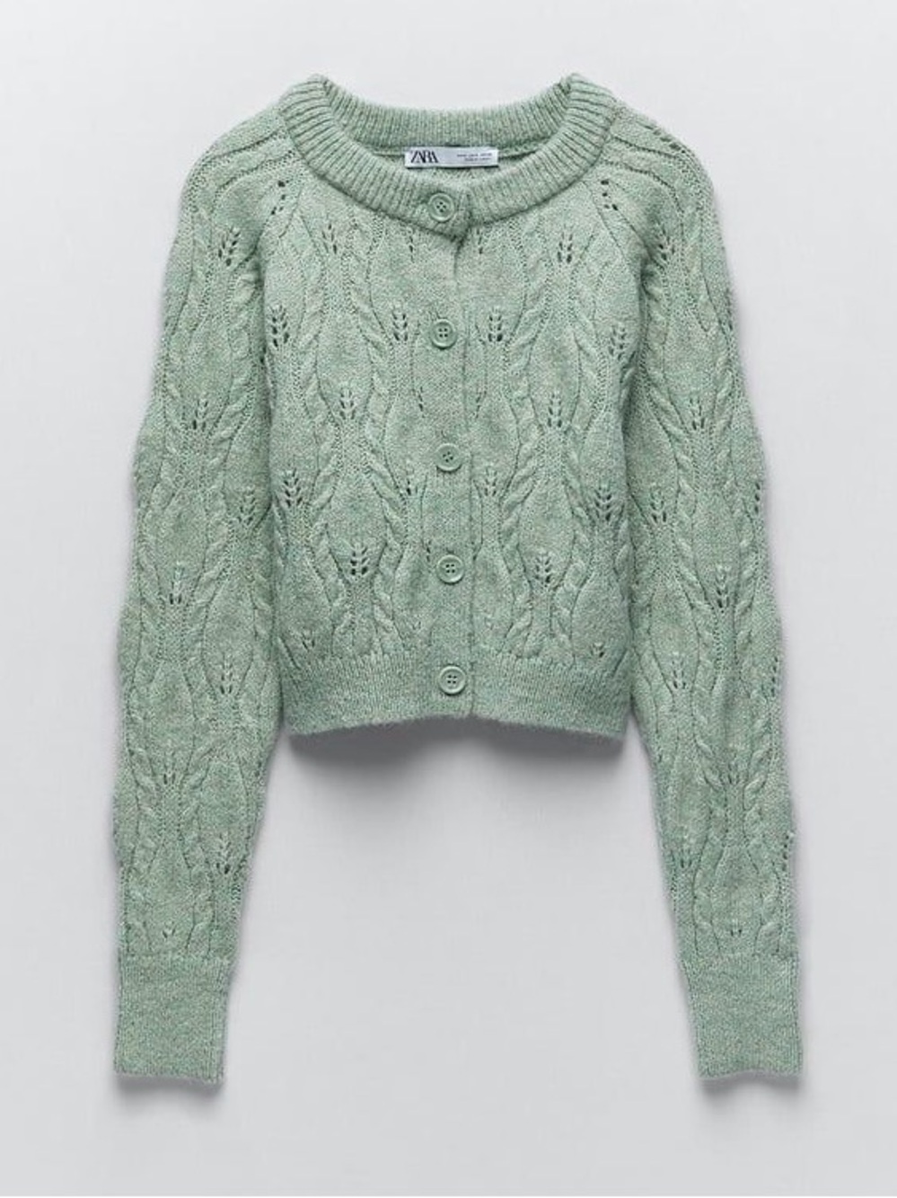 Zara Light Mint Green Cable-Knit Button Cardigan
